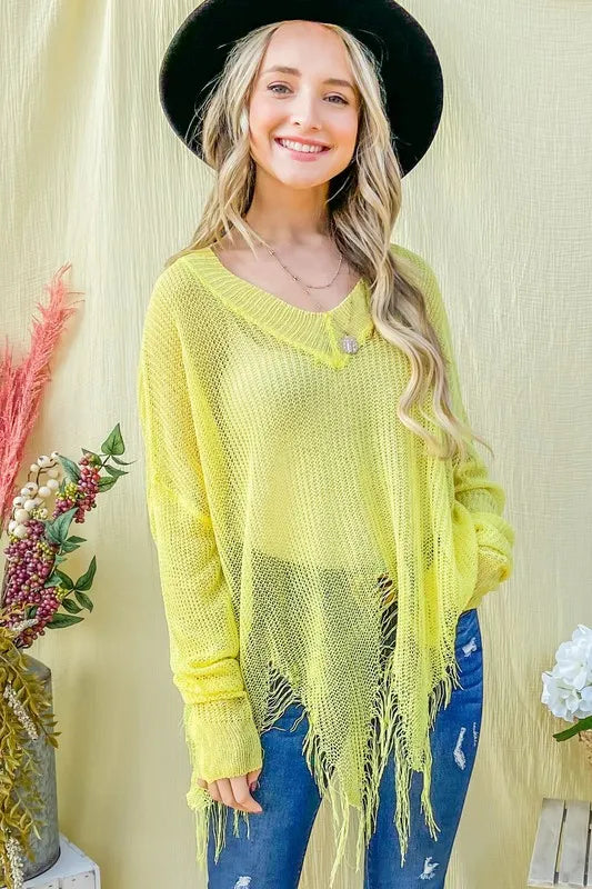 And The Why Distressed Mesh V Neck Spring Sweater Cover Up | Lola Mariee