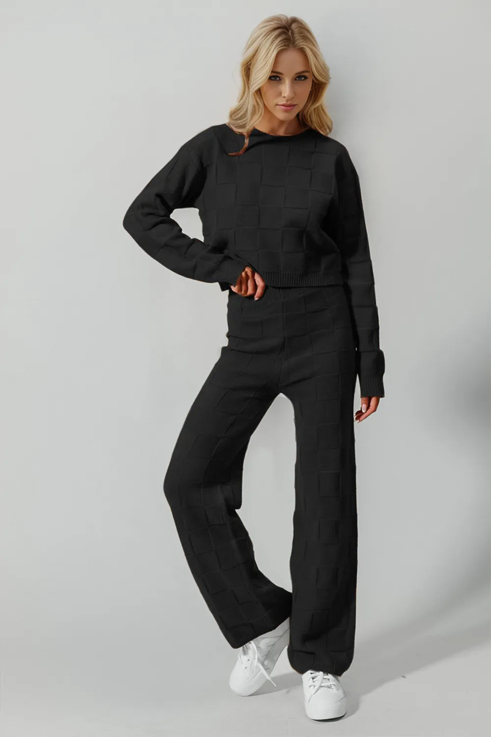 Double Take Full Size Checkered Round Neck Top and Pants Set – view 2 | Lola Mariee