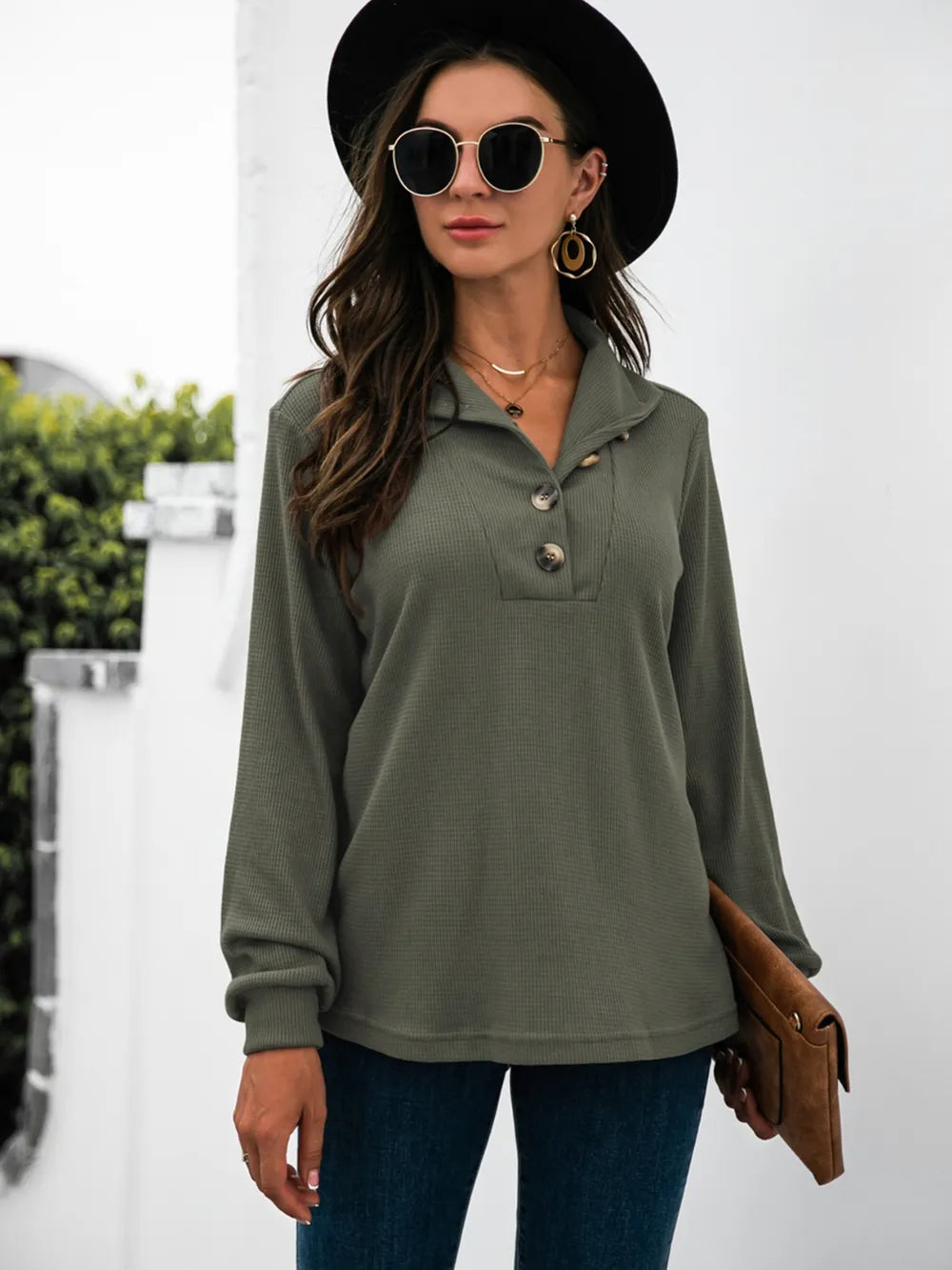 Half Button Long Sleeve T-Shirt - Trendsi | Lola Mariee