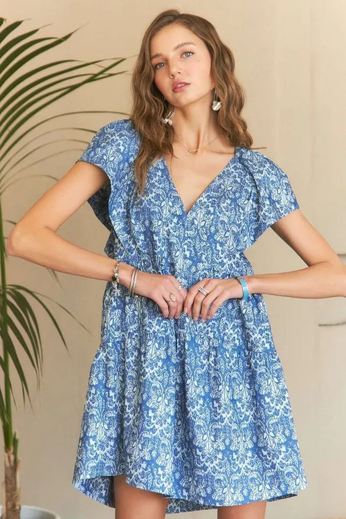 ADORA Printed V-Neck Ruffle Sleeve Mini Dress | Lola Mariee