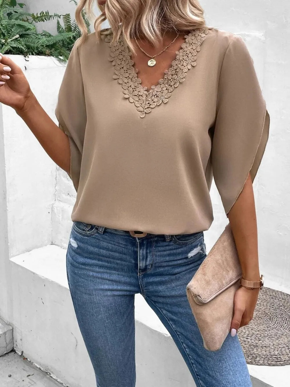 Lace Detail V-Neck Half Sleeve Blouse – view 4 | Lola Mariee
