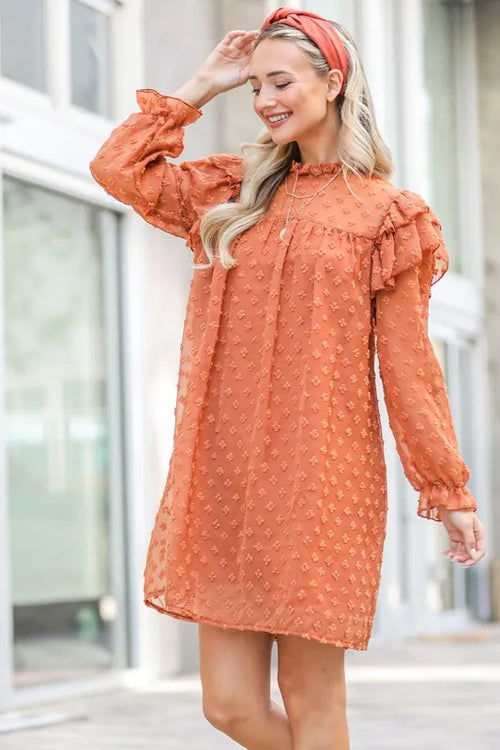 And The Why Lovely Ruffle Shoulder with Textured Woven Dress – view 2 | Lola Mariee
