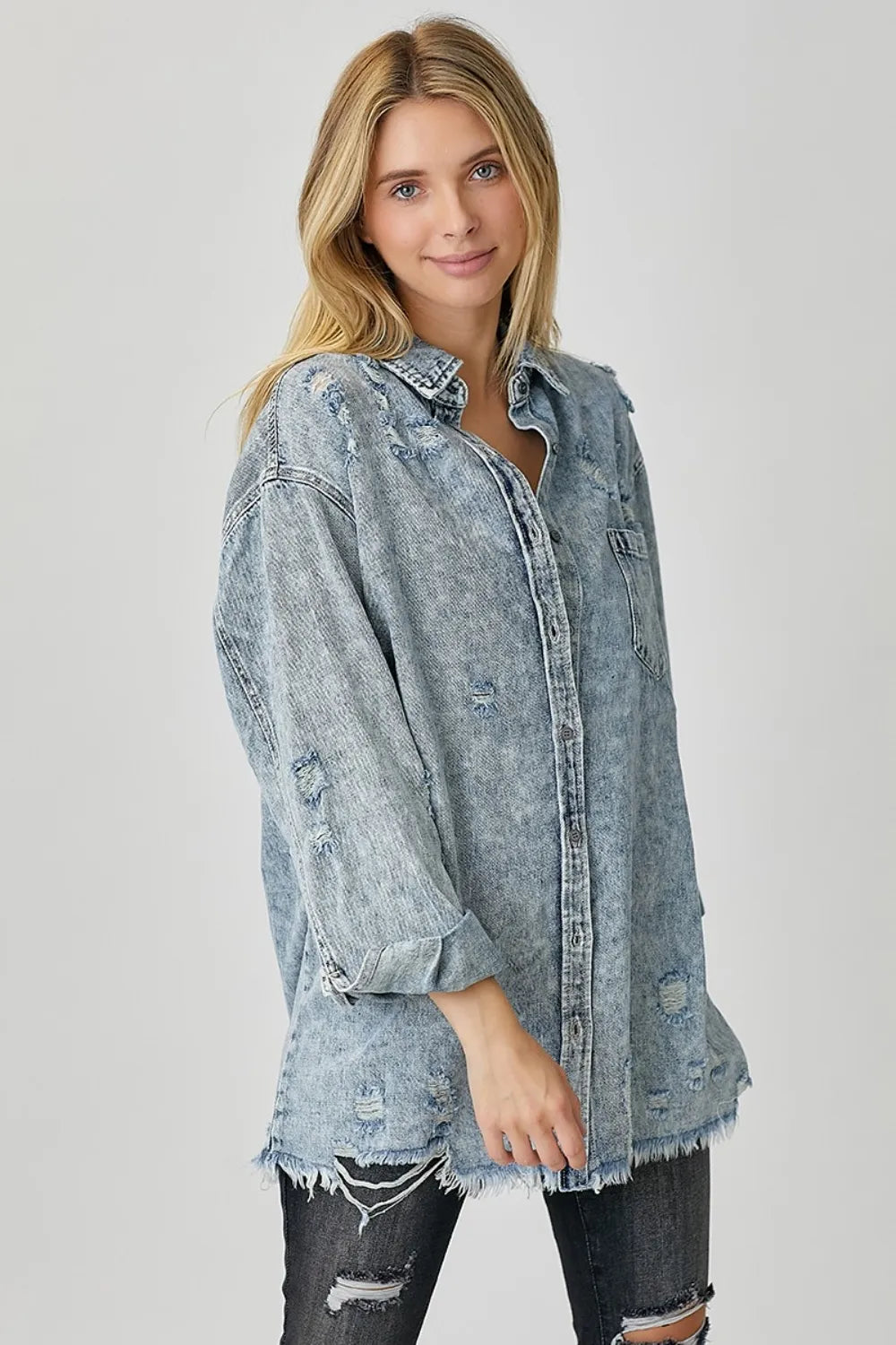 RISEN Distressed Raw Hem Denim Shirt - LOLA MARIEE | Lola Mariee