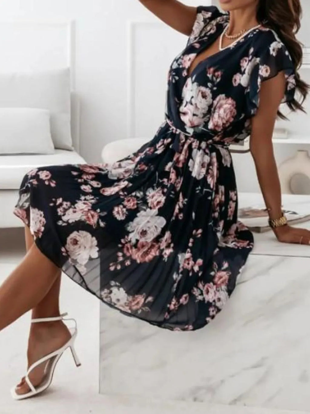 Floral Surplice Ruffled Cap Sleeve Dress - Trendsi | Lola Mariee