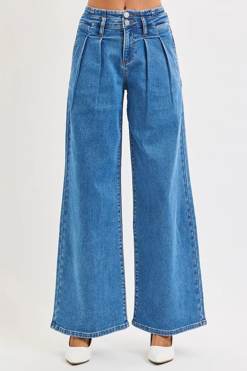 RISEN Full Size Mid Rise Fit Wide Leg with Pleated Detail Jeans Plus Size - women's bottoms at Lola Mariee boutique