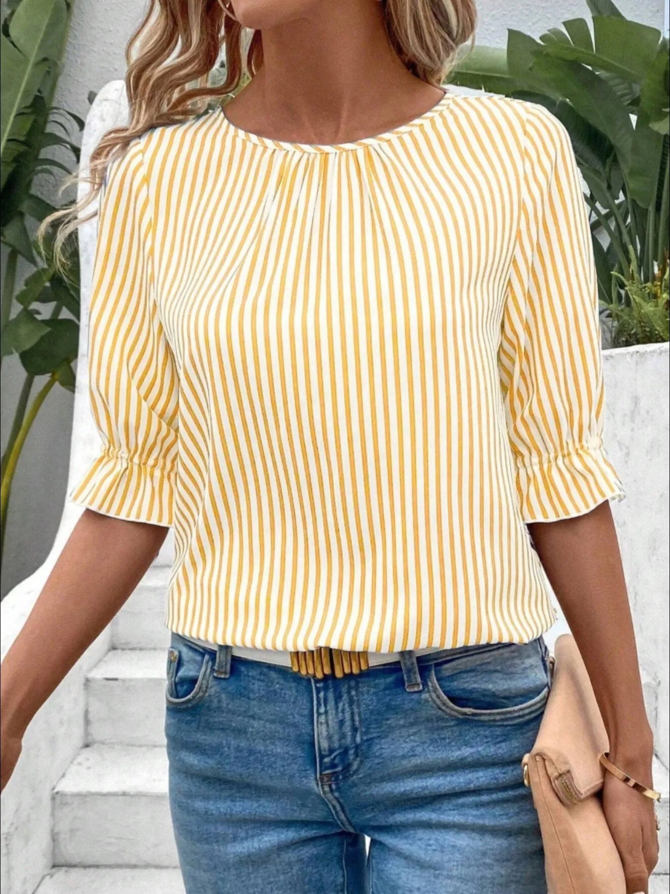 Striped Round Neck Half Sleeve Casual Blouse – view 10 | Lola Mariee