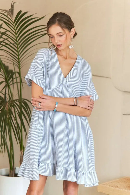 ADORA Ruffled Hem Striped V-Neck Babydoll Dress – view 2 | Lola Mariee