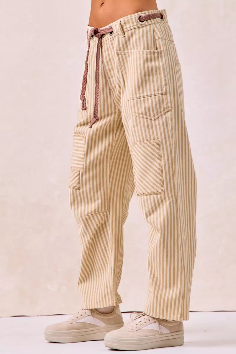 BiBi Drawstring Striped Twill Barrel Pants - Trendsi | Lola Mariee