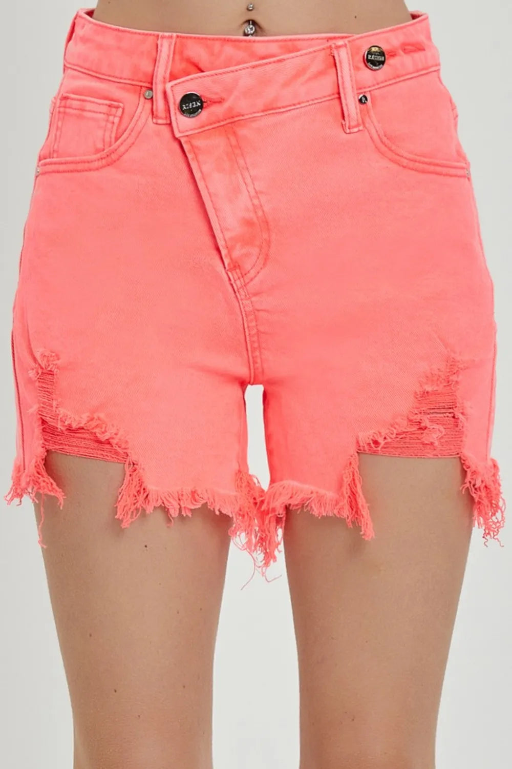 RISEN Raw Hem Asymmetrical Waist Denim Shorts - women's bottoms at Lola Mariee boutique
