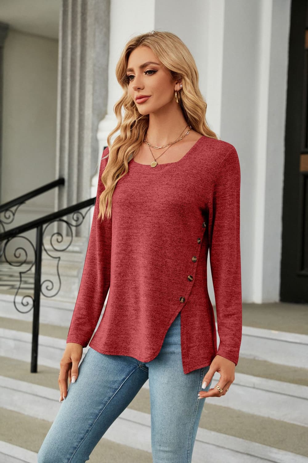 Square Neck Long Sleeve Slit T-Shirt - Trendsi | Lola Mariee