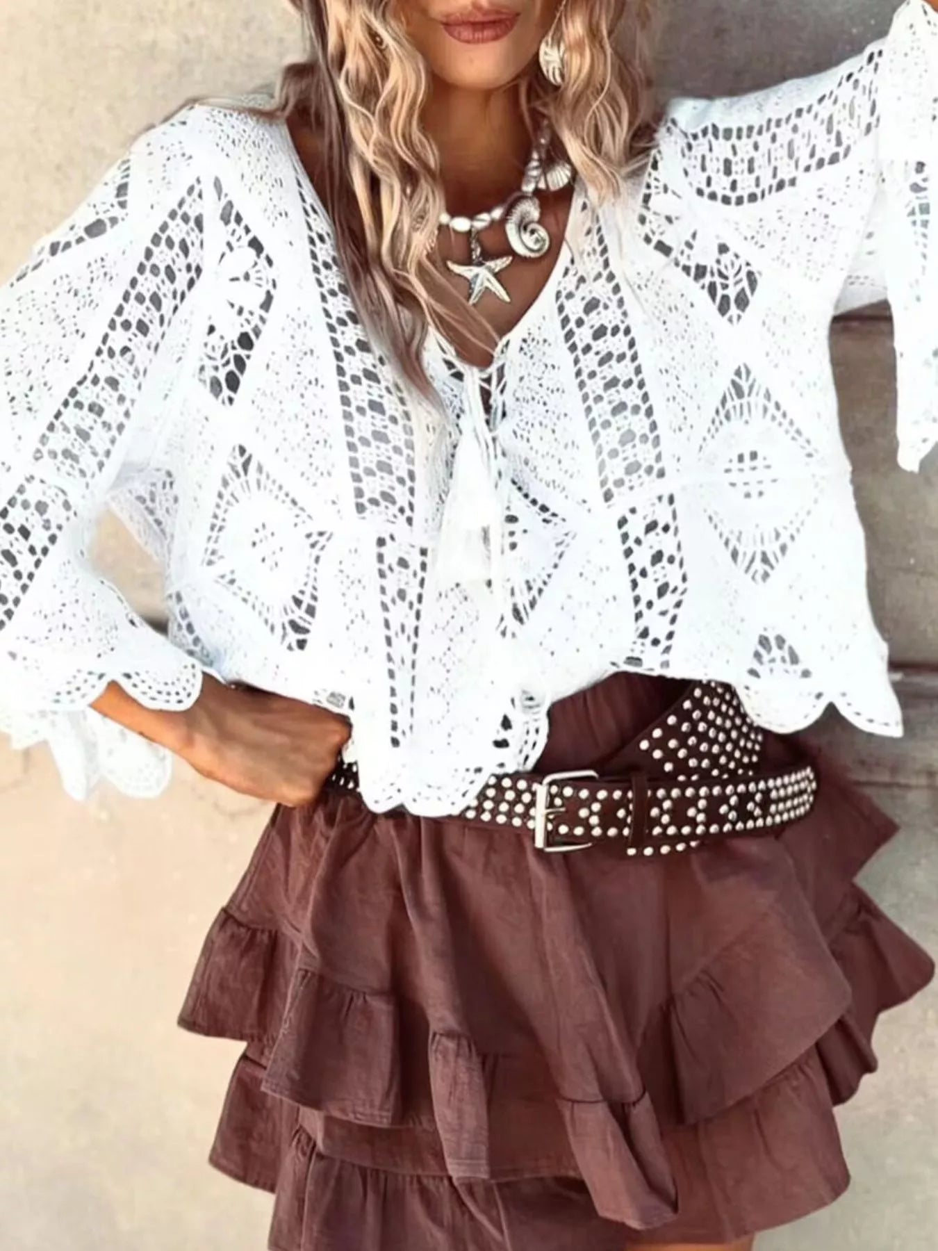 Tassel V-Neck Crochet Knit Top – view 5 | Lola Mariee
