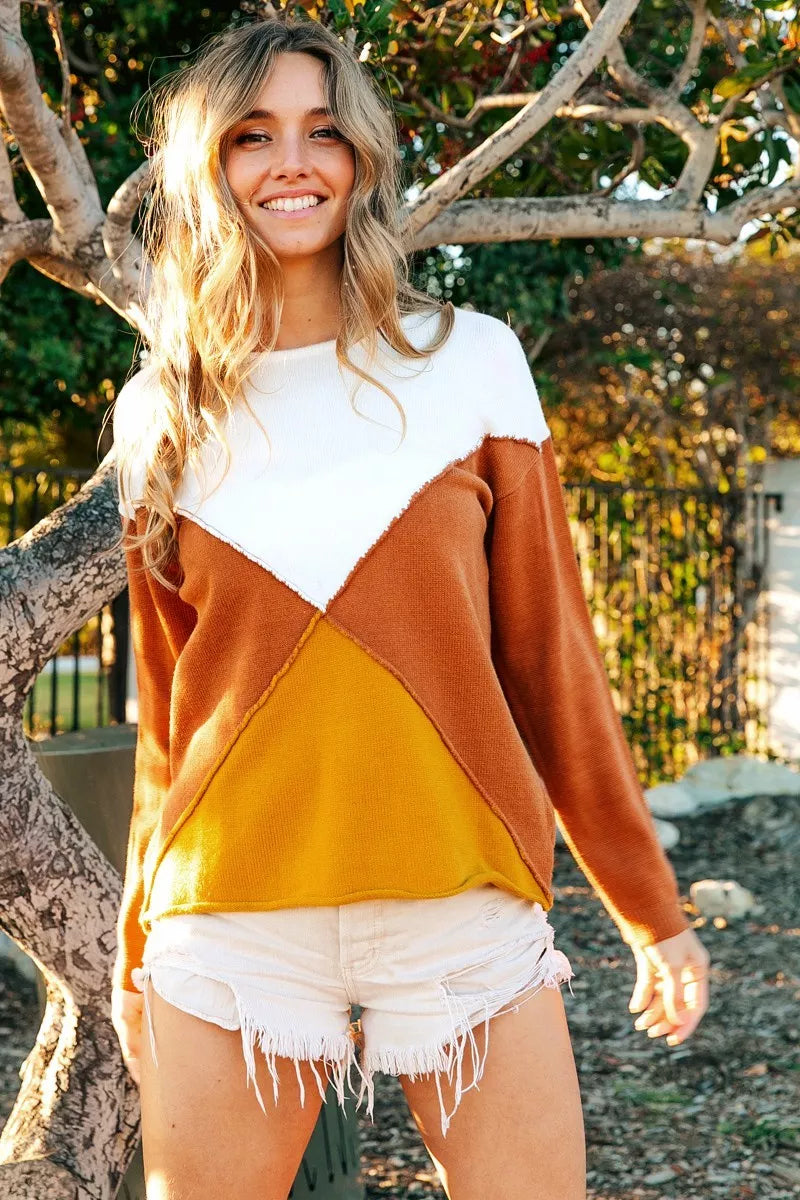 BiBi Color Block Geometric Sweater - Trendsi | Lola Mariee