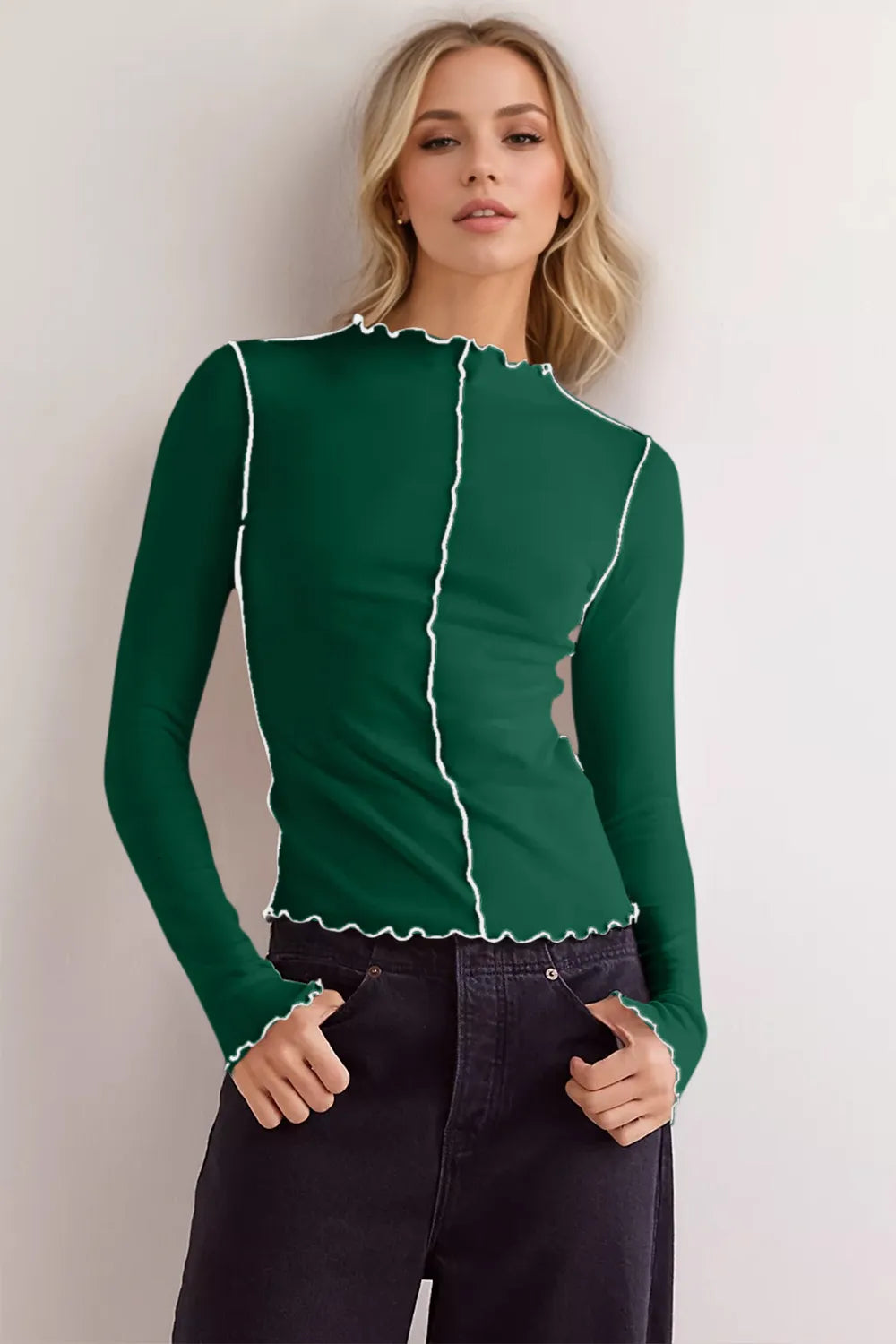 Basic Bae Contrast Trim Mock Neck Long Sleeve T-Shirt – view 10 | Lola Mariee