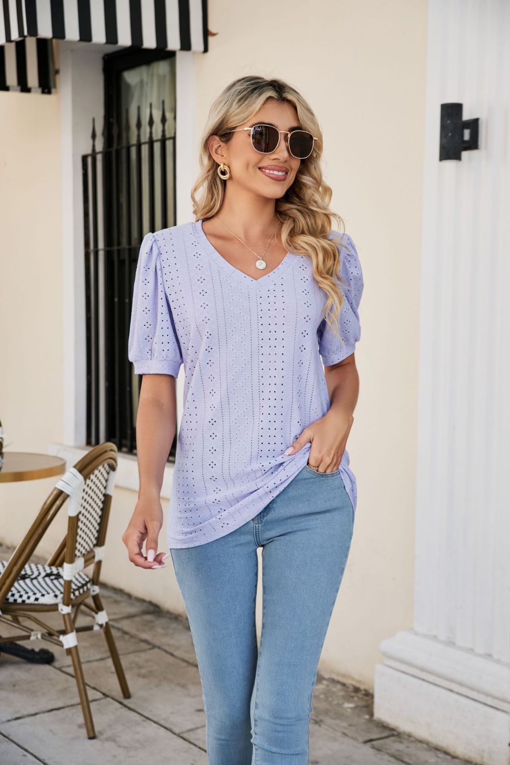 Eyelet Puff Sleeve V-Neck Top - Trendsi | Lola Mariee