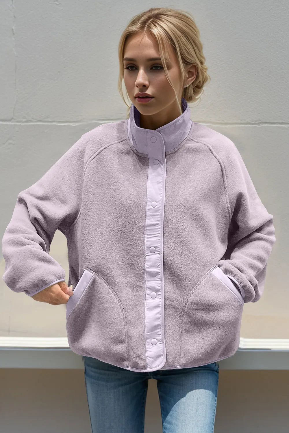 Double Take Snap Down Contrast Fleece Jacket with Pockets – view 5 | Lola Mariee