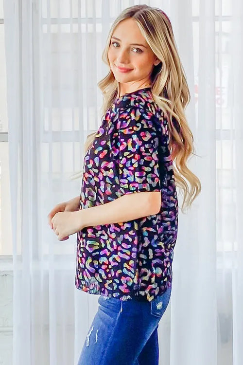 And The Why Leopard Foil Printed Half Sleeve Summer Sweater – view 2 | Lola Mariee