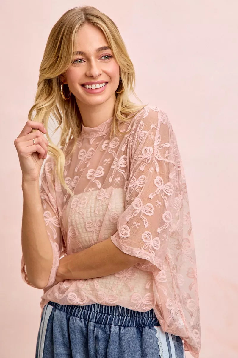 BiBi Bow Pattern Short Sleeves Boxy Mesh Top - Trendsi | Lola Mariee
