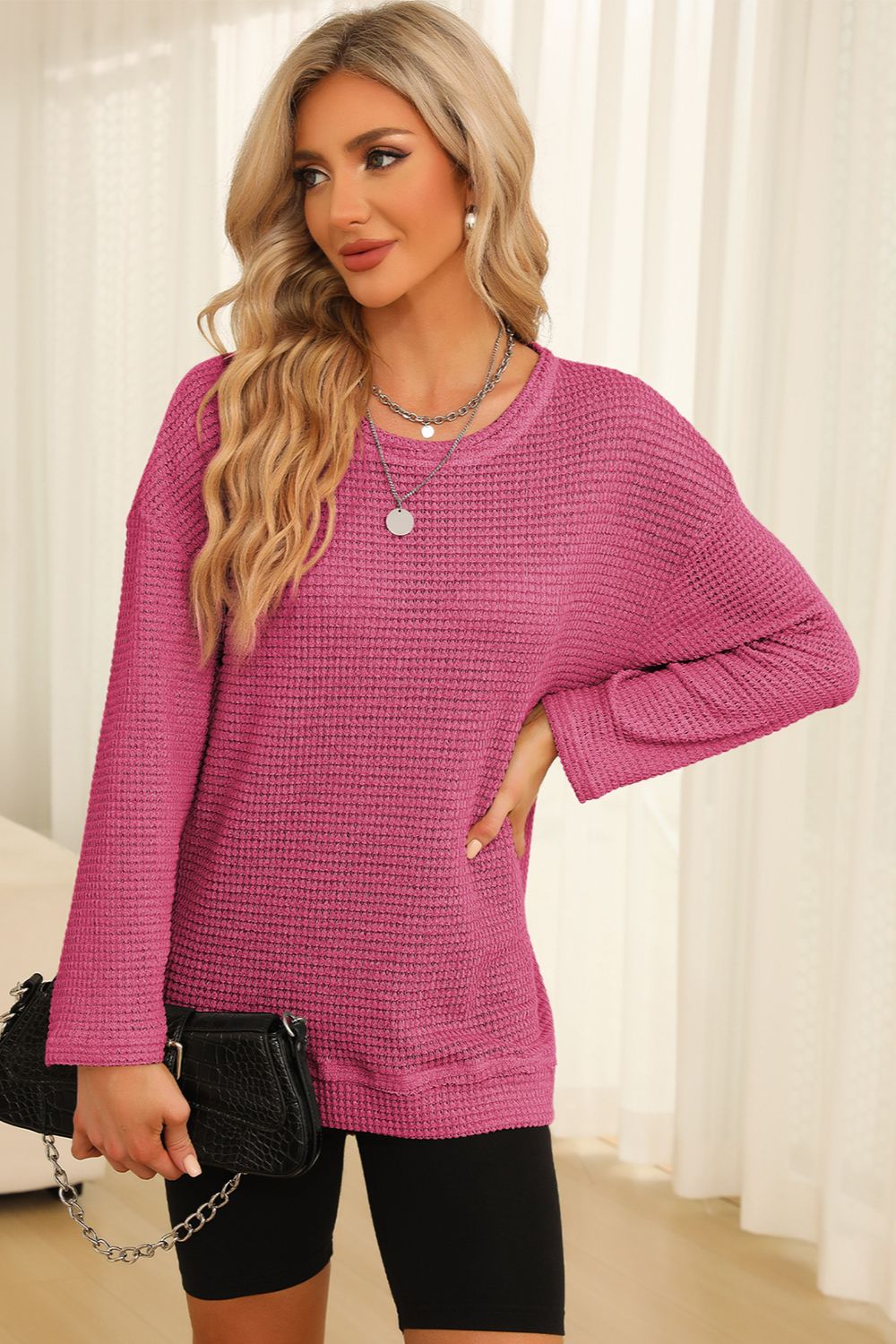 Waffle-Knit Round Neck Long Sleeve Sweatshirt - Trendsi | Lola Mariee