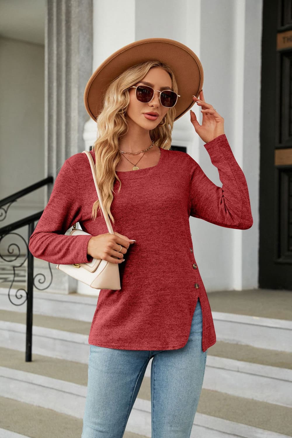 Square Neck Long Sleeve Slit T-Shirt - Trendsi | Lola Mariee