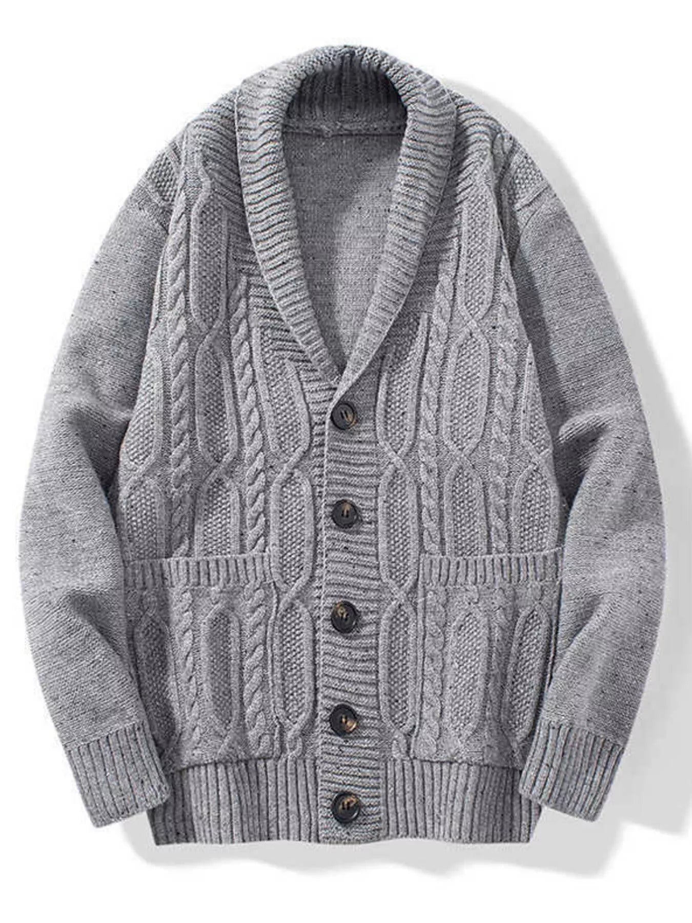 Men's Shawl Collar Cable Knit Button-Up Cardigan – view 3 | Lola Mariee