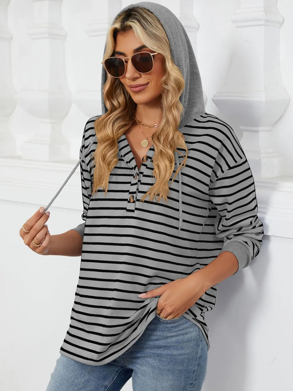 Drawstring Striped Long Sleeve Hoodie - Trendsi | Lola Mariee