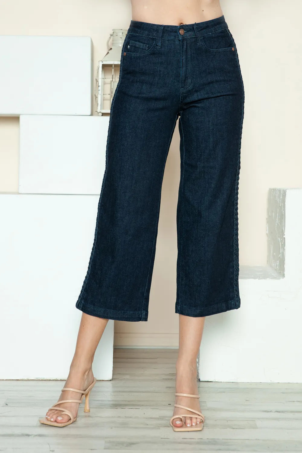 Judy Blue Full Size Side Seam Braid Detail Crop Wide Leg Jeans - women's top at Lola Mariee boutique