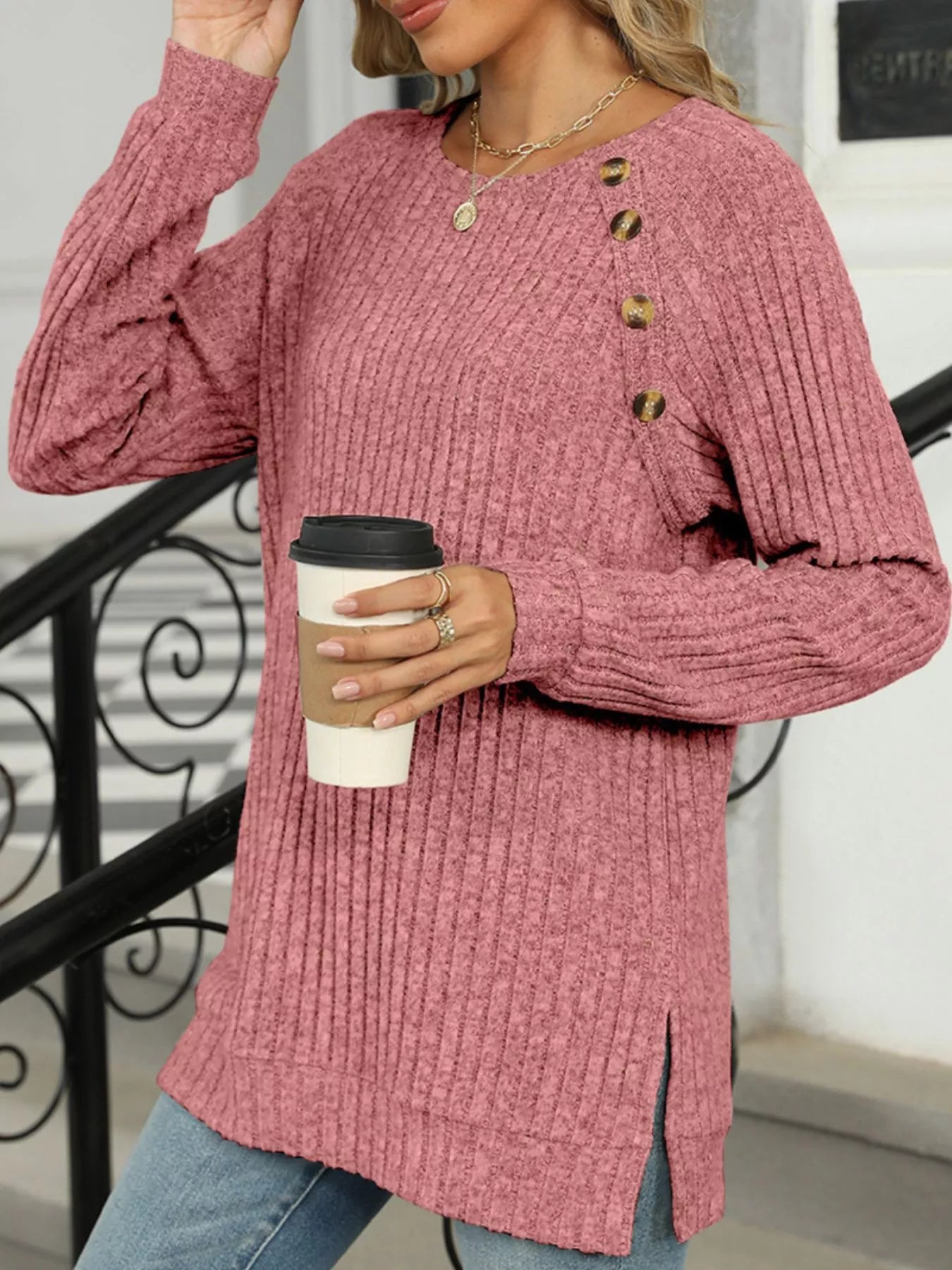 Round Neck Side Slit Ribbed Knit Top with Asymmetric Button Detail - Trendsi | Lola Mariee