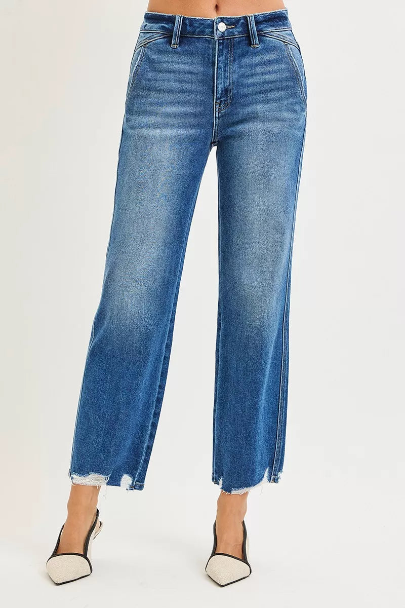 RISEN High Rise Ankle Straight Distressed Hem Detail Jeans - women's bottoms at Lola Mariee boutique