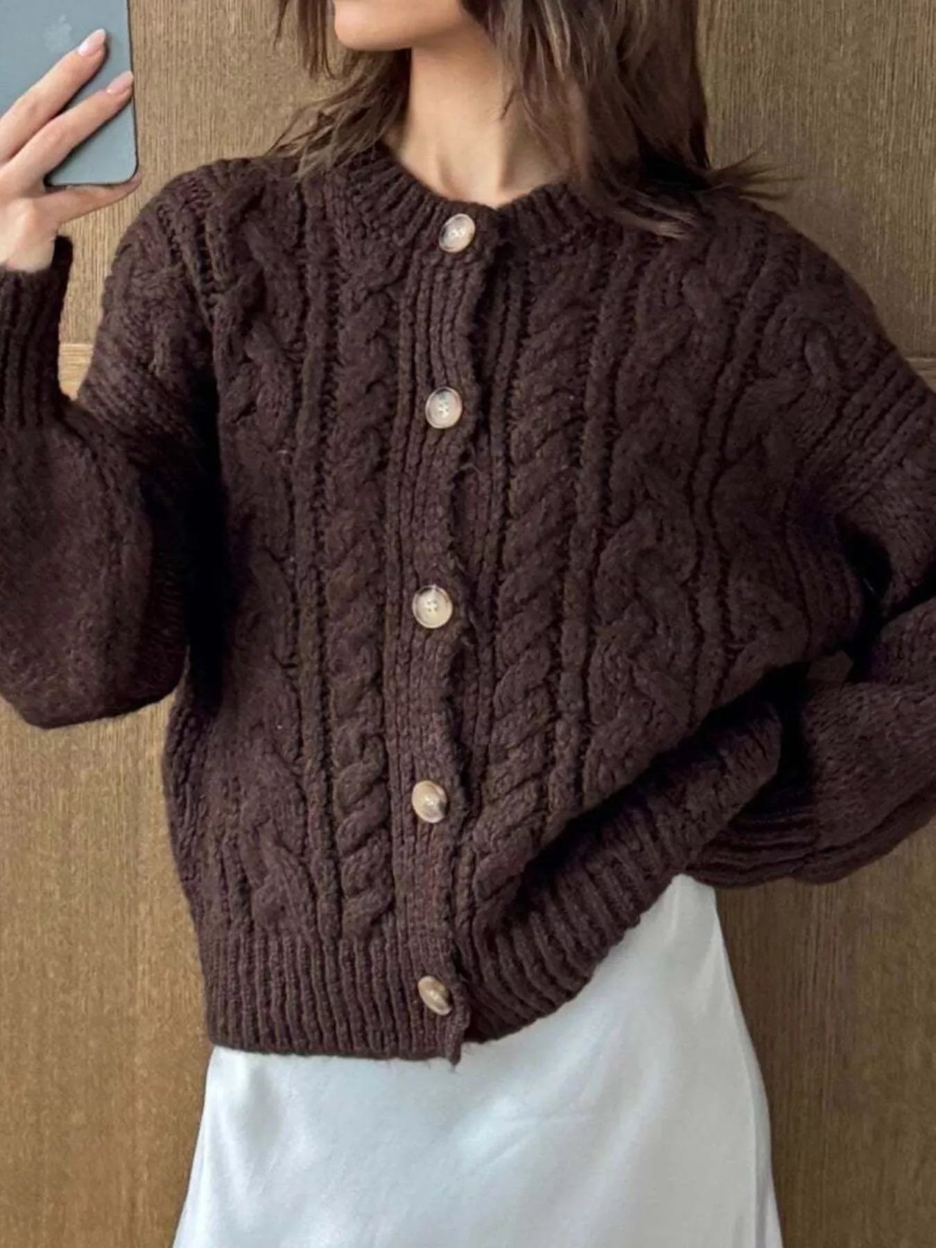 Cable Knit Button-Down Cardigan – view 7 | Lola Mariee