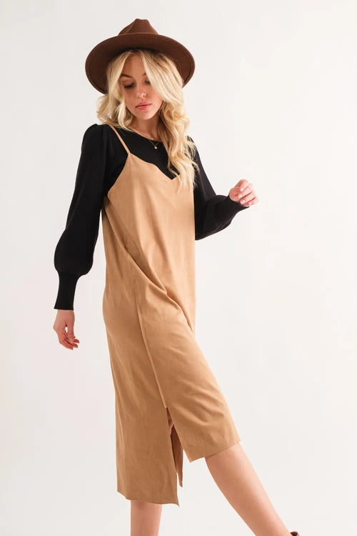 And The Why Faux Suede Cut Edge Slit Cami Midi Dress – view 2 | Lola Mariee