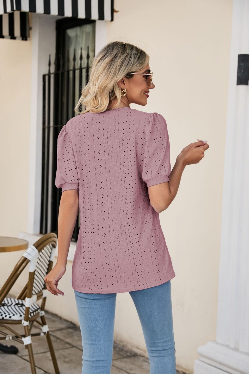 Eyelet Puff Sleeve V-Neck Top - Trendsi | Lola Mariee