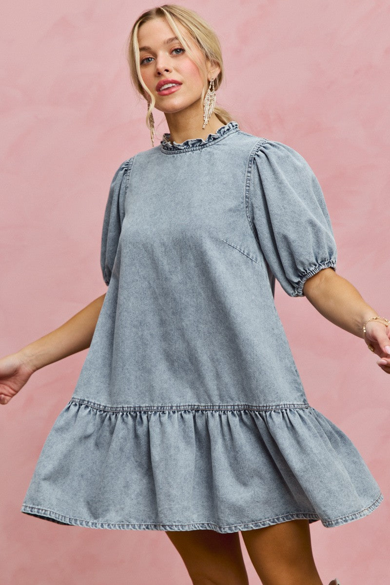 SO ME Denim Short Sleeves Mini Tiered Dress - Trendsi | Lola Mariee