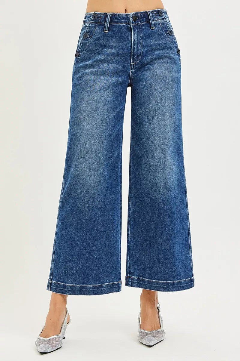 RISEN High Rise Wide Leg Jeans With Pocket Button Detail - women's bottoms at Lola Mariee boutique