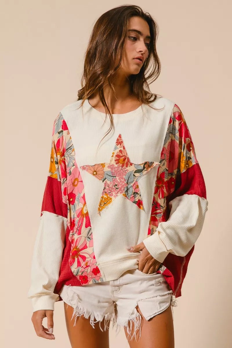 BiBi Floral Print Mixed Star Patch Round Neck Sweatshirt - Trendsi | Lola Mariee
