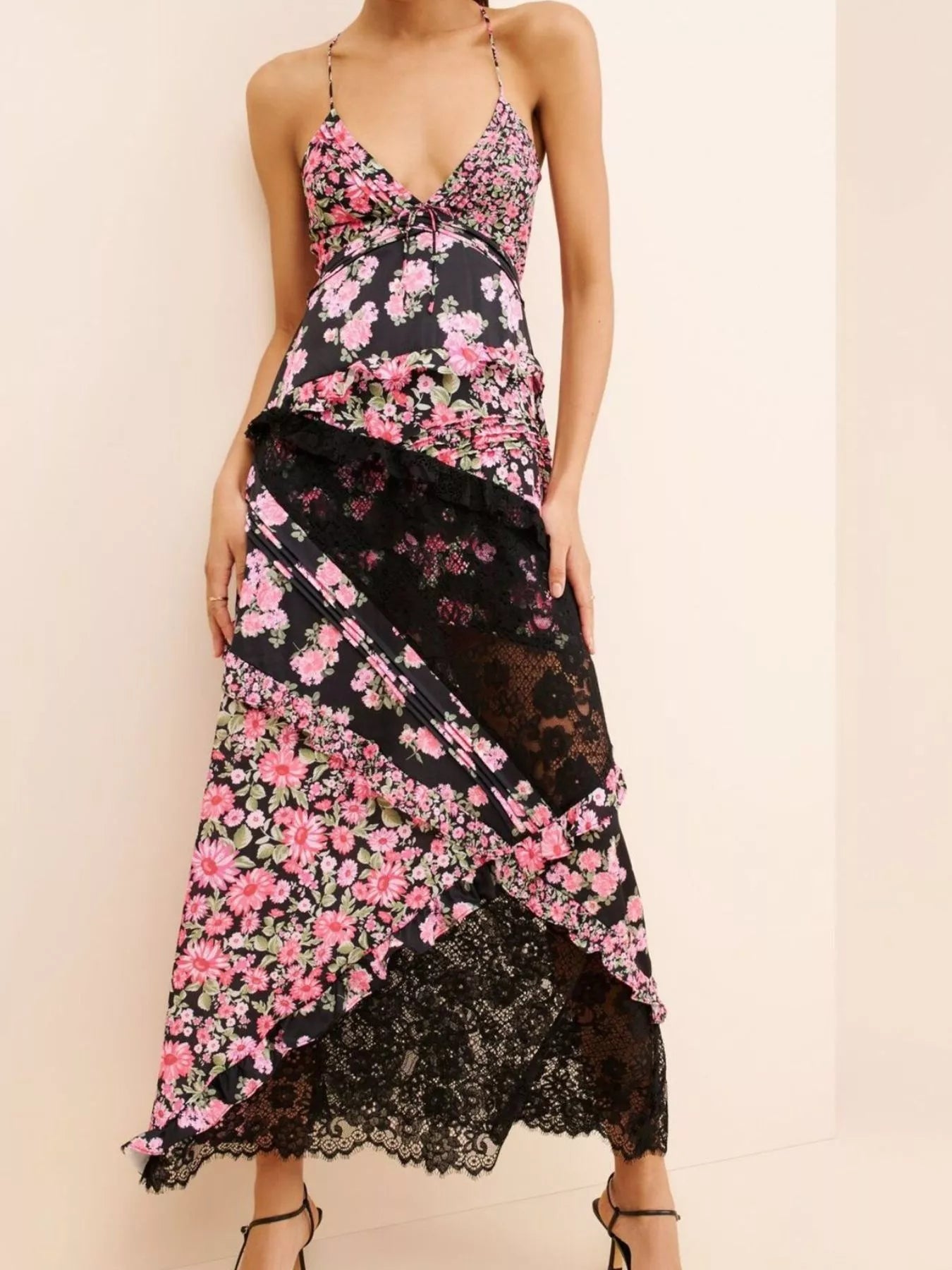 Lace Detail Ruffled Floral V-Neck Maxi Dress – view 10 | Lola Mariee