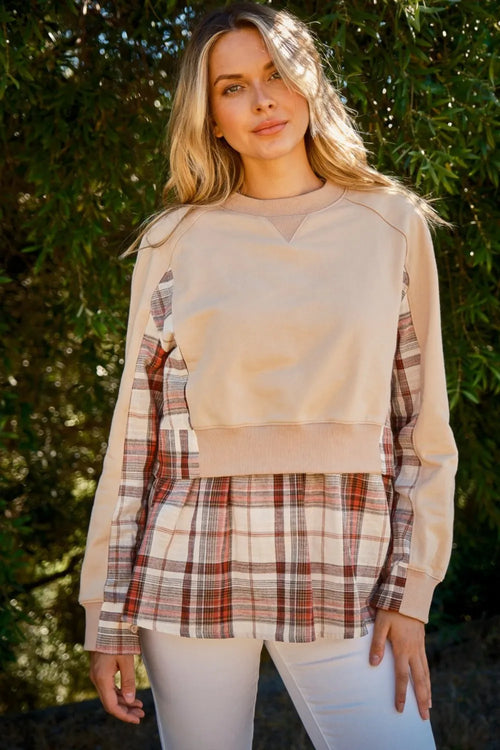 And The Why Full Size Double Layered Plaid Contrast Sweatshirt | Lola Mariee
