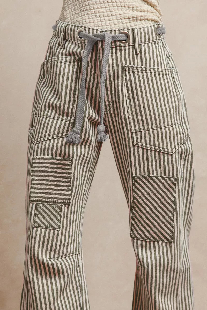 BiBi Drawstring Striped Twill Barrel Pants - Trendsi | Lola Mariee