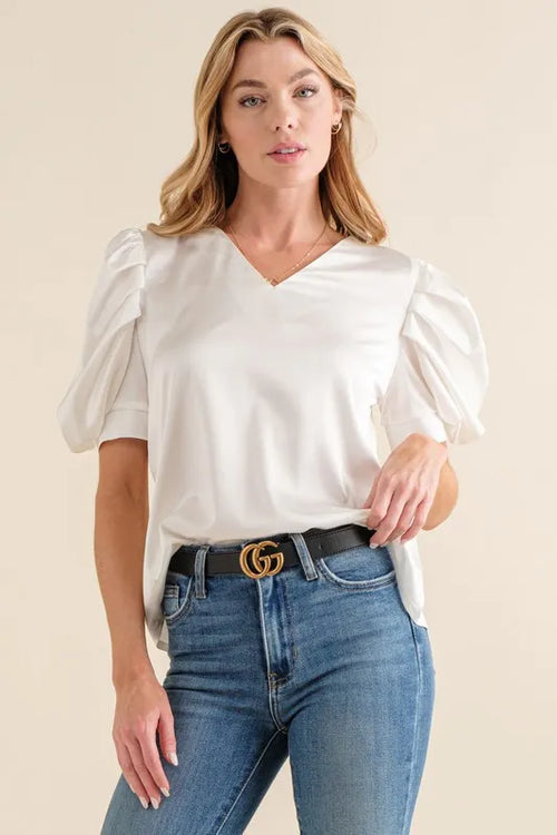 And The Why Plain Satin Puff Shirring V Neck Blouse Top | Lola Mariee