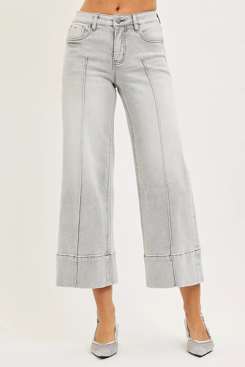 RISEN Tummy Control Mid Rise Crop Wide Pintuck Front Jeans - women's top at Lola Mariee boutique