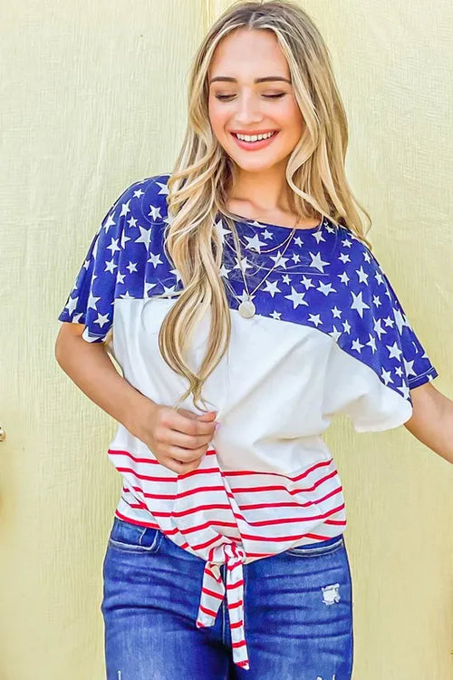 And The Why American Flag Print Tie Knot Front Casual Top – view 2 | Lola Mariee
