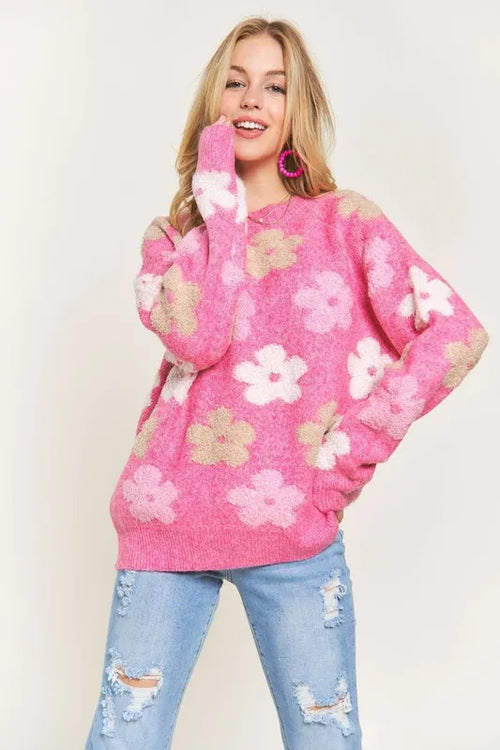 ADORA Full Size Floral Popped 2-Tone Sweater Top Plus Size | Lola Mariee