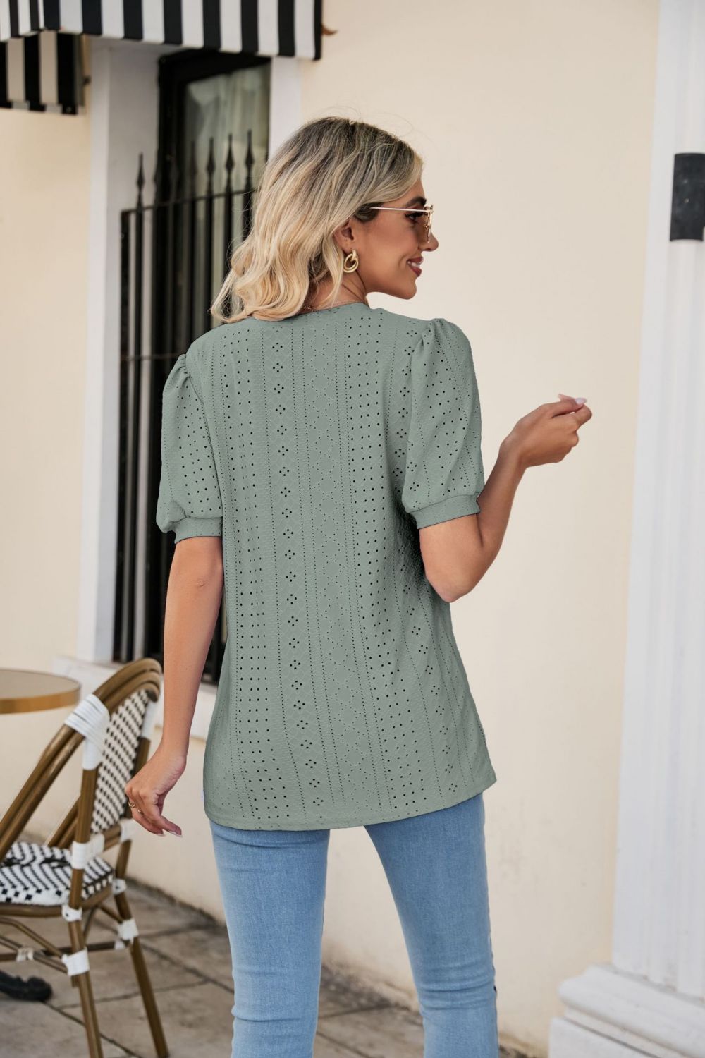 Eyelet Puff Sleeve V-Neck Top - Trendsi | Lola Mariee