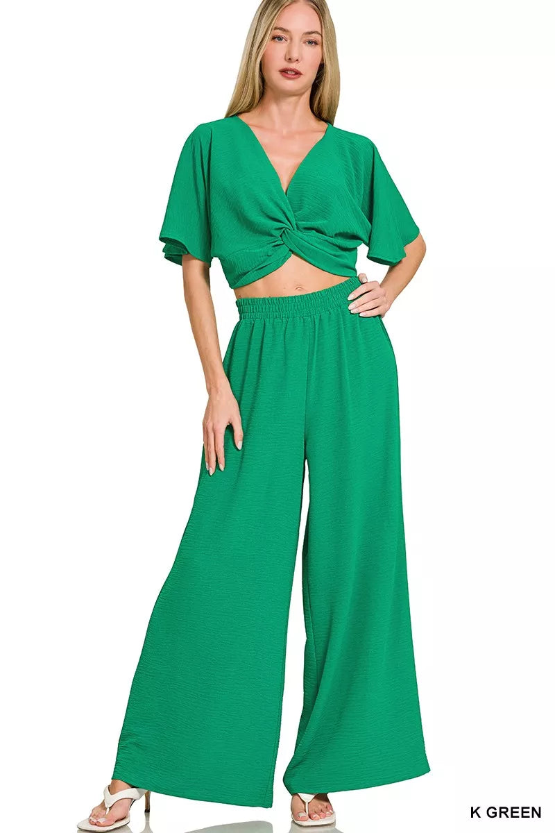 Zenana Woven Airflow Twisted Top & Wide Leg Pants Set - women's top at Lola Mariee boutique