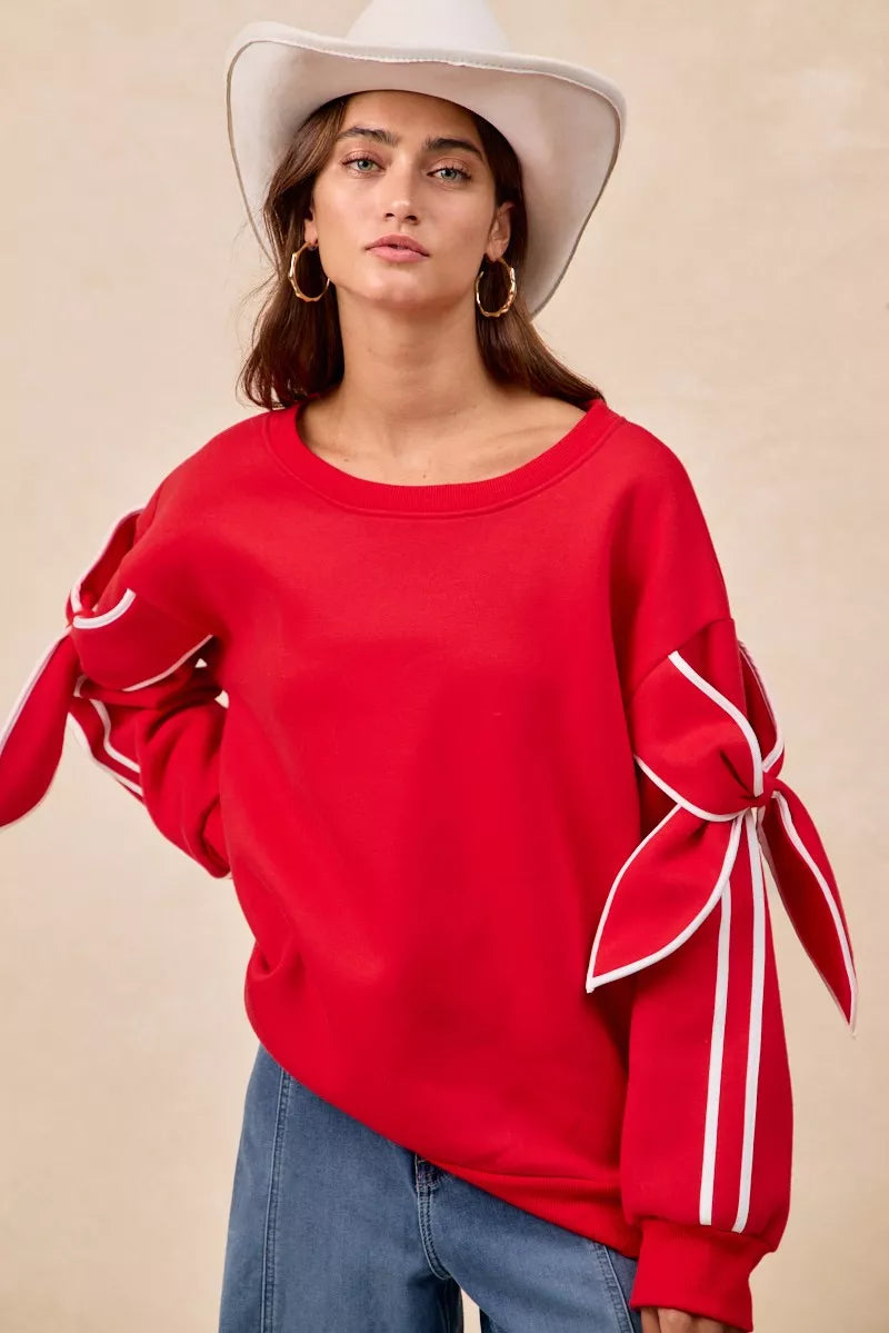 BiBi Bow Detail Sleeves Fleece Sweatshirt - Trendsi | Lola Mariee