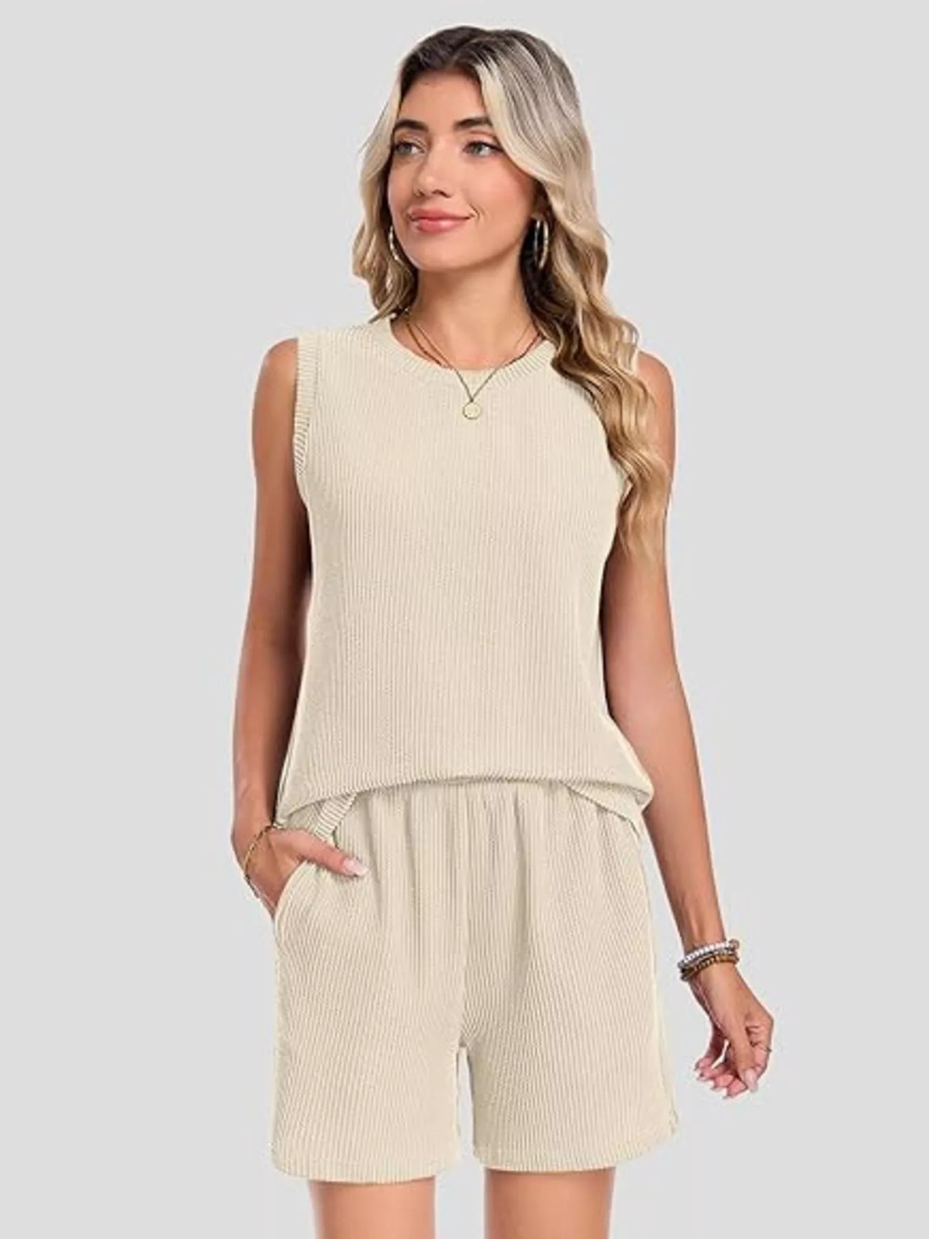 Casual Ribbed Knit Sleeveless Top and Shorts Set - Trendsi | Lola Mariee