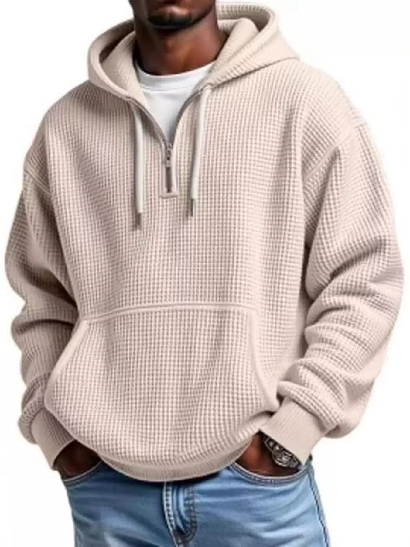 Men's Full Size Textured Waffle Knit Half-Zip Hoodie Plus Size – view 2 | Lola Mariee