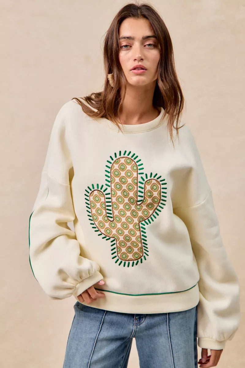 BiBi Cactus Embroidered Fleece Sweatshirt - Trendsi | Lola Mariee