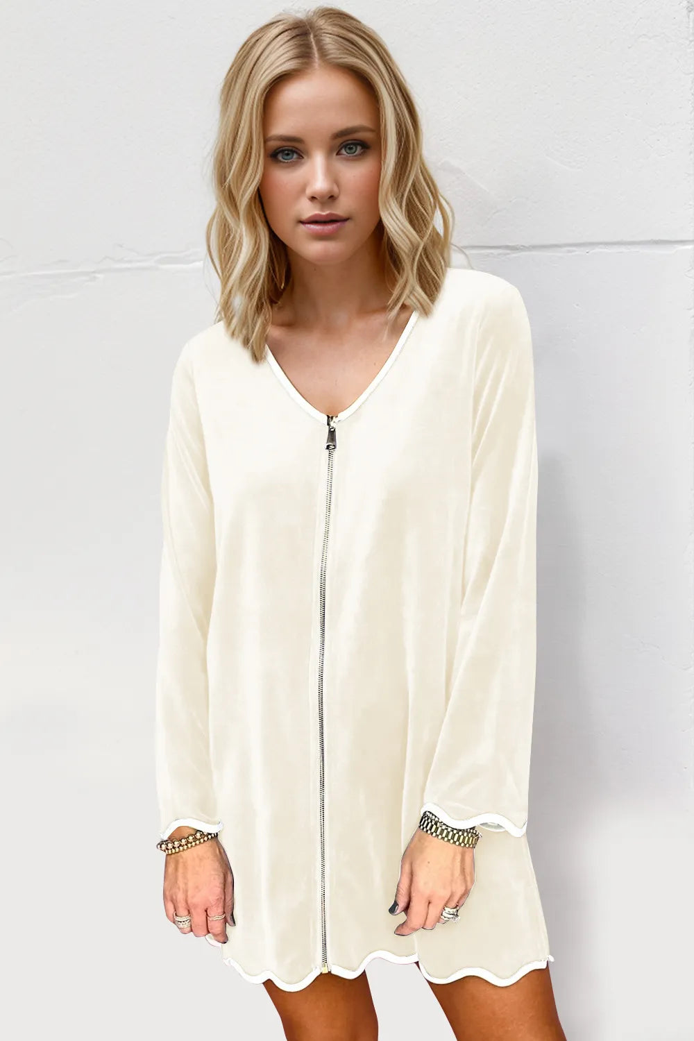 Double Take Wave Contrast Trim V-Neck Zip Up Long Sleeve Mini Dress – view 4 | Lola Mariee