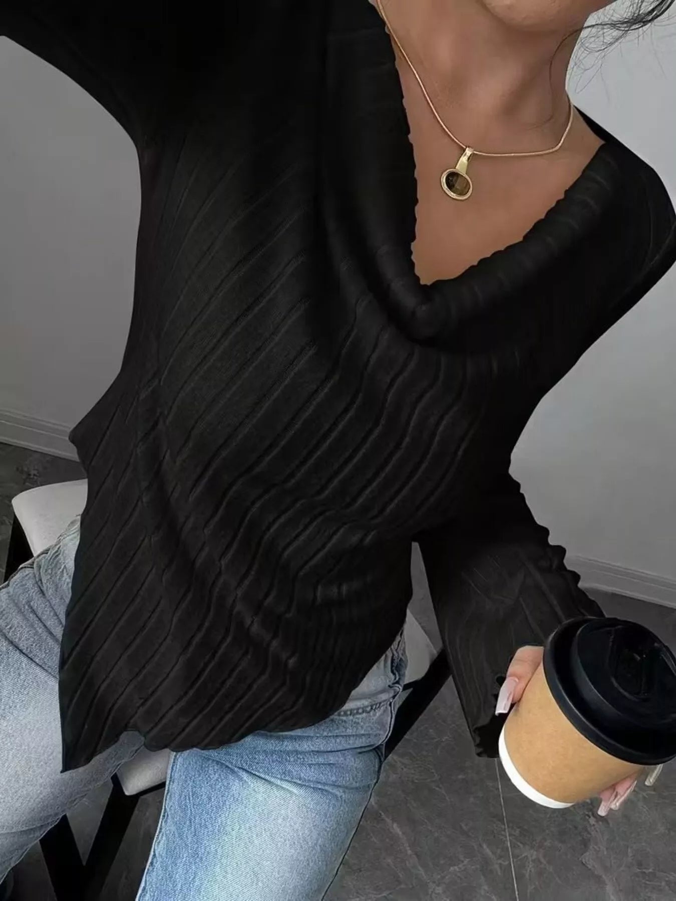 Cowl Neck Ribbed Knit T-Shirt – view 6 | Lola Mariee