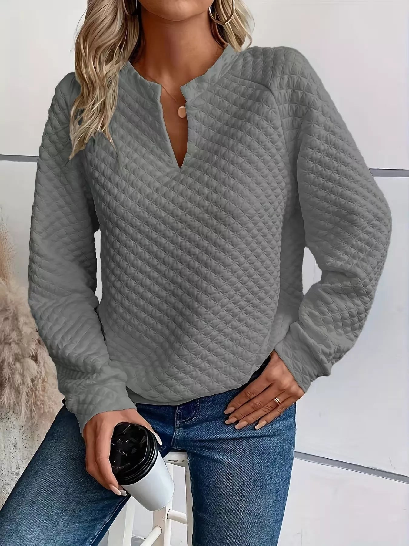 Textured Notched Raglan Sleeve Sweatshirt - Trendsi | Lola Mariee